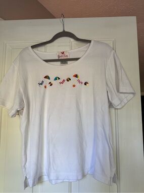 Quacker Factory White Short-Sleeve Tee with Colorful Beach Embroidery